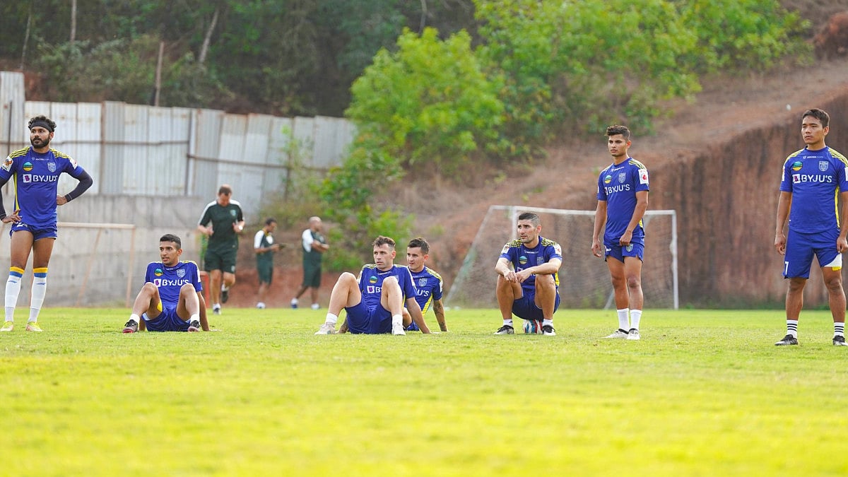 Kerala Blasters players during a training session ahead of their ISL 2021-22 clash against FC Goa.  