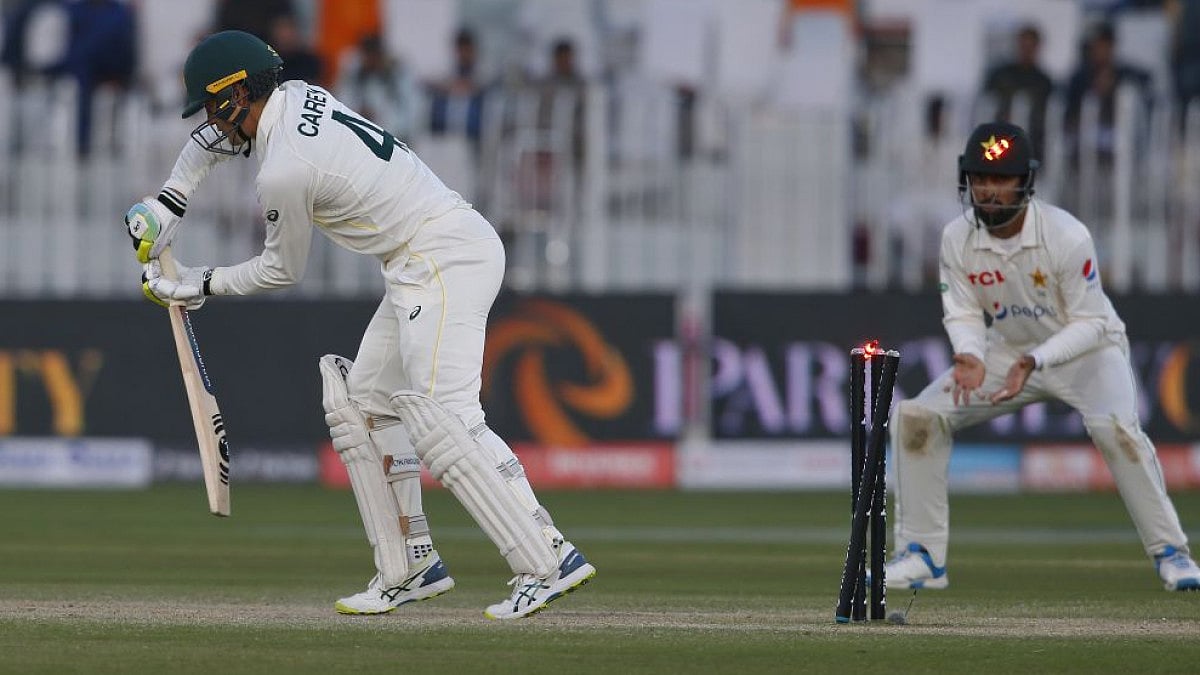 Alex Carey is bowled out by Naseem Shah during 4th day of 1st Test between Pakistan and Australia.