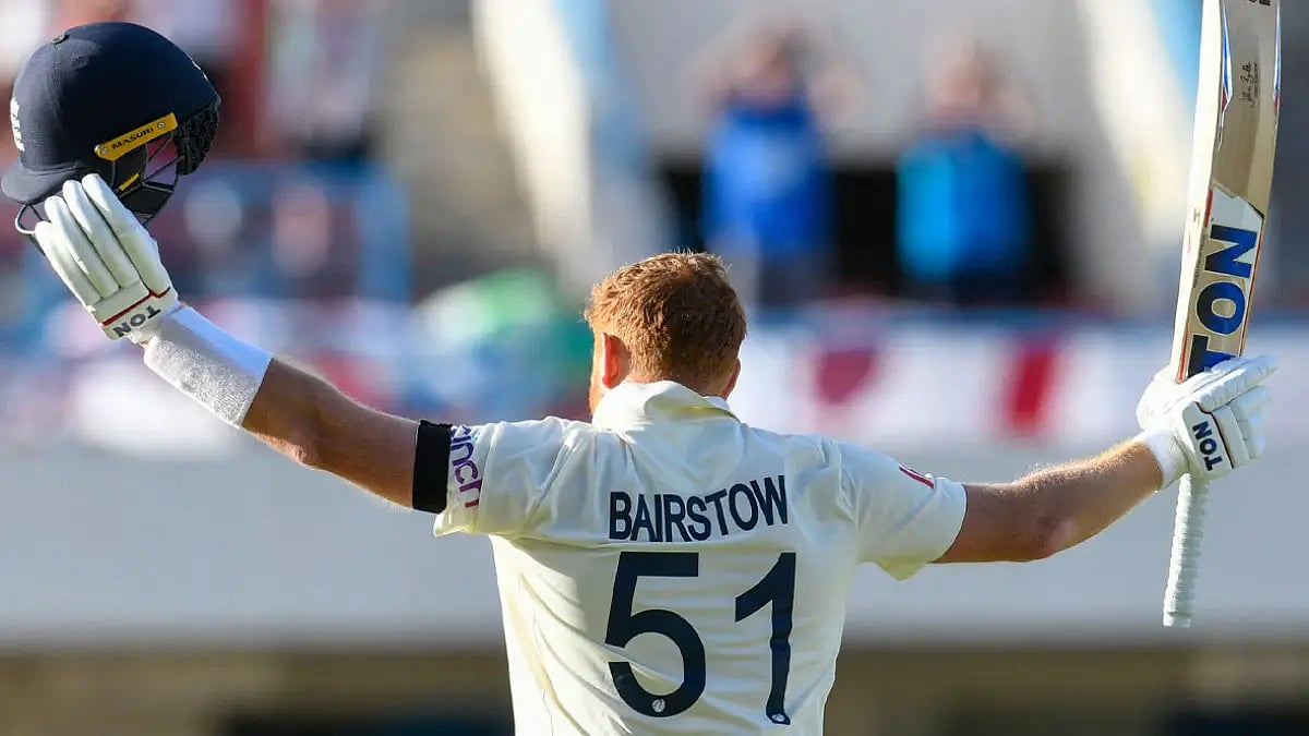 England's Jonny Bairstow celebrates after scoring a century against West Indies in the first Test.