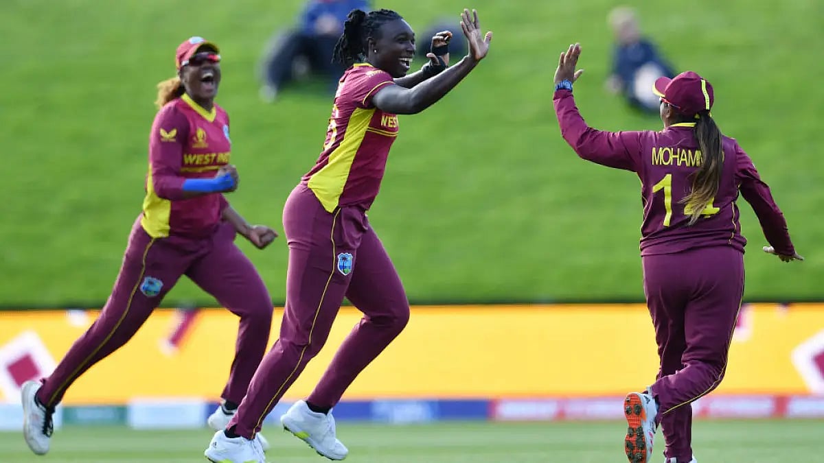 West Indies players celebrate after taking a England wicket in ICC Women's World Cup 2022 match.