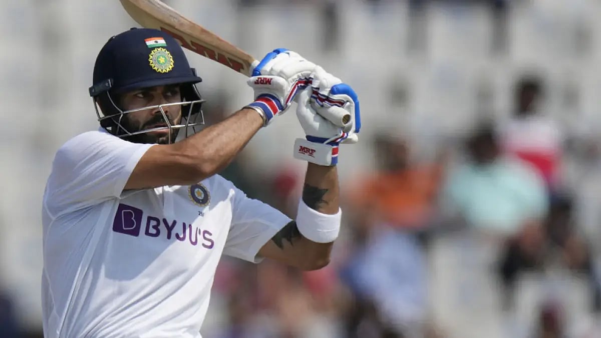 Virat Kohli plays a shot during the first India vs Sri Lanka Test in Mohali on March 4, 2022.