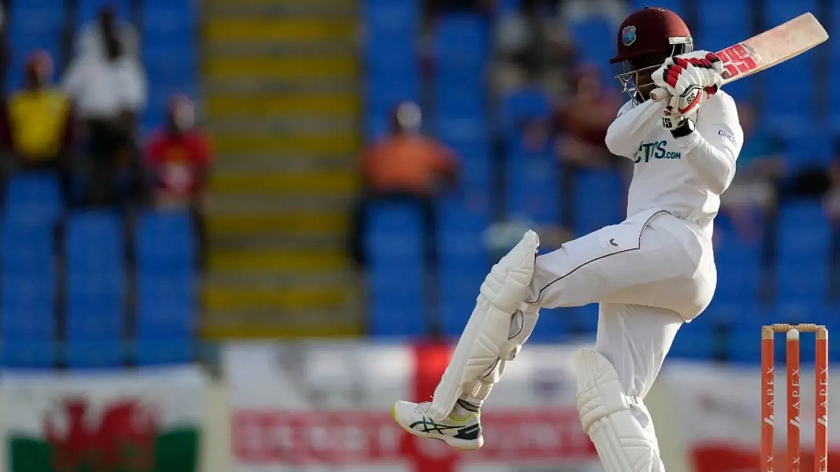 West Indies' Nkrumah Bonner plays a shot on Day 2 of first Test against England in North Sound.