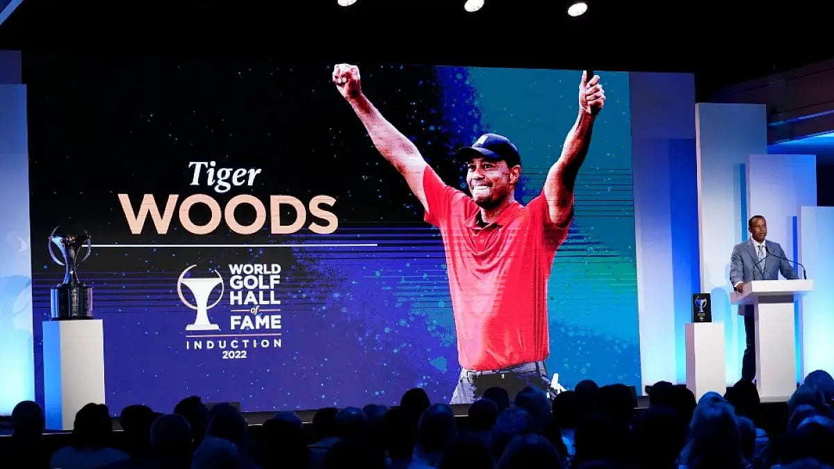 Tiger Woods speaks during his induction into the World Golf Hall of Fame on Wednesday.