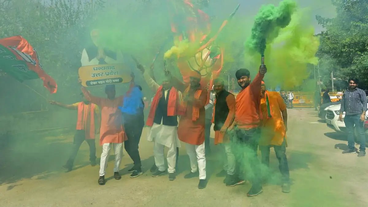 BJP workers celebrating after Assembly election results