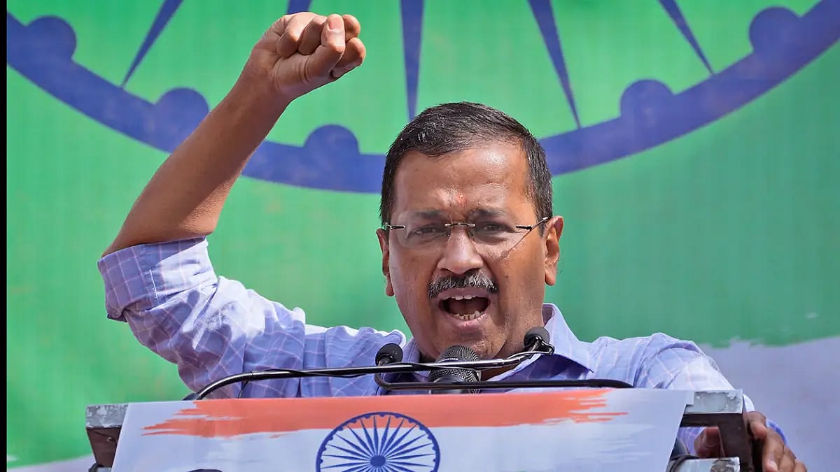 Delhi state Chief minister and chief of Aam Aadmi Party Arvind Kejriwal speaks during celebrations 
