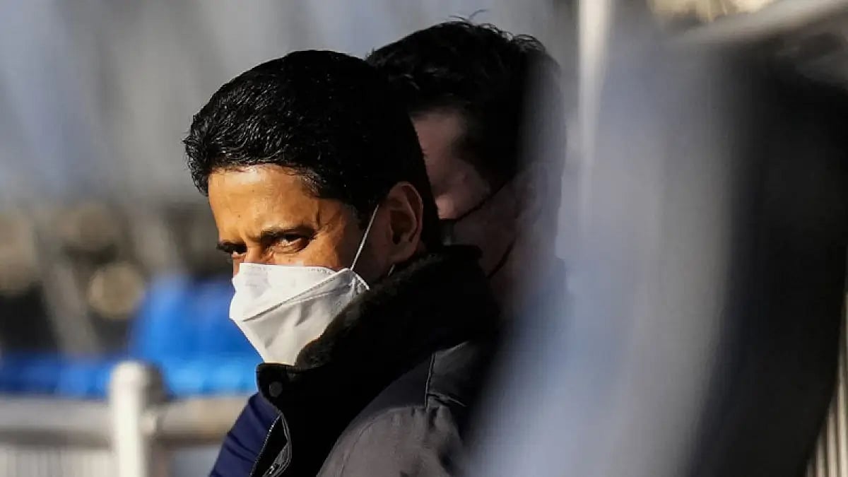 PSG president Nasser Al-Khelaifi watches the team's training session in Madrid.