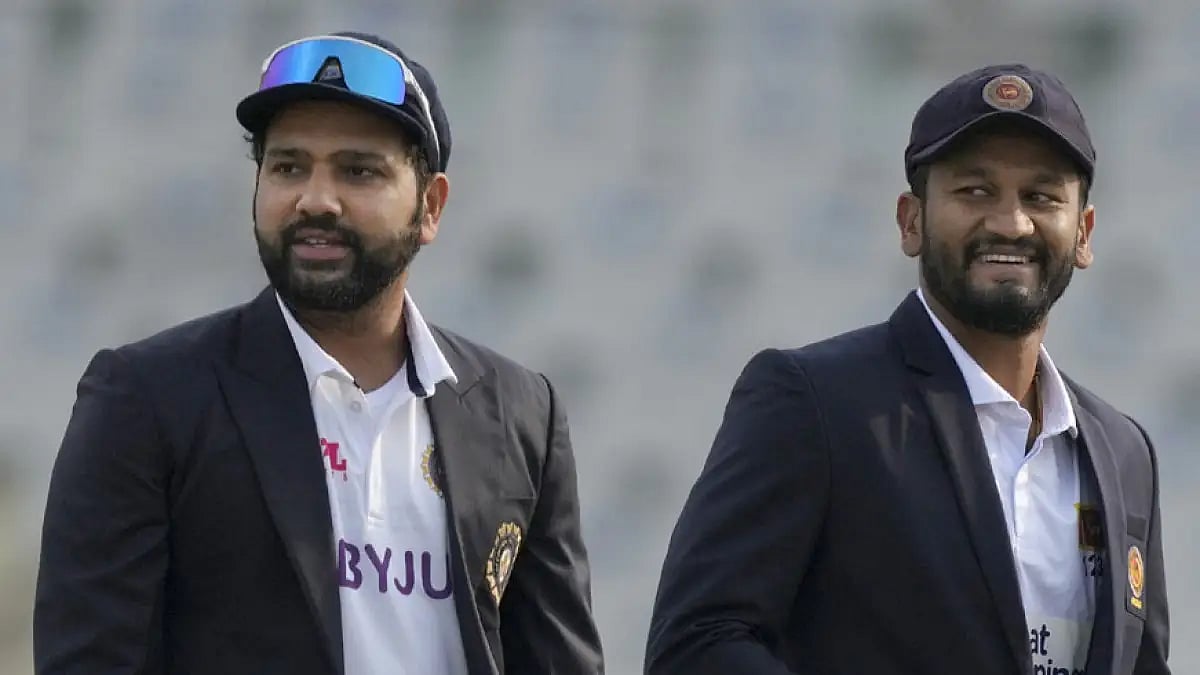 Captains Rohit Sharma, left, and Dimuth Karunaratne. Watch India vs Sri Lanka live streaming.