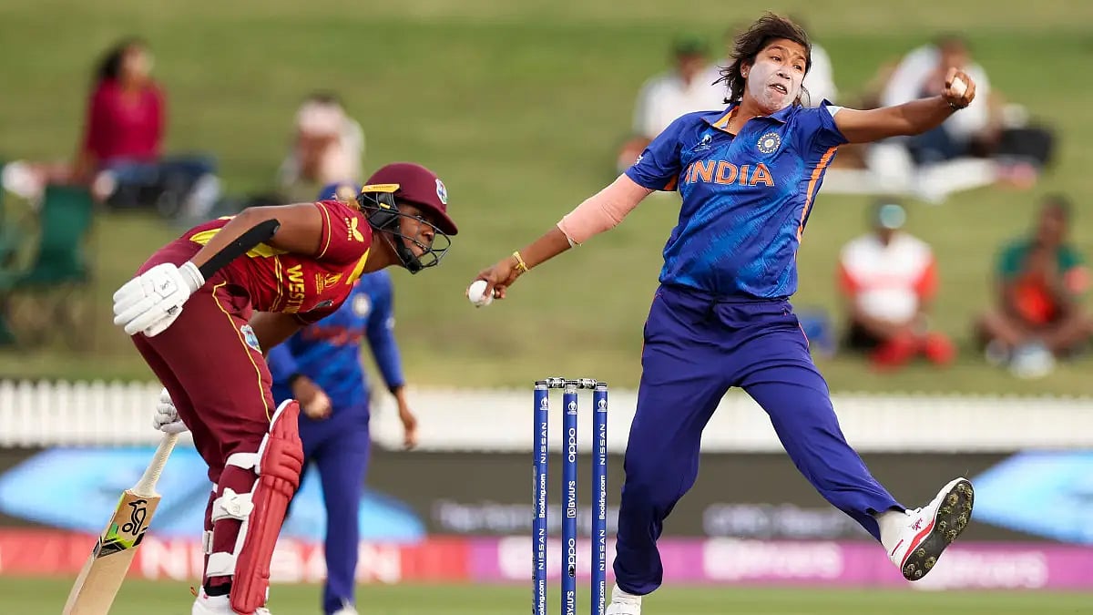 Jhulan Goswami bowls during the ICC Women's World Cup 2022 match against West Indies in Hamilton.