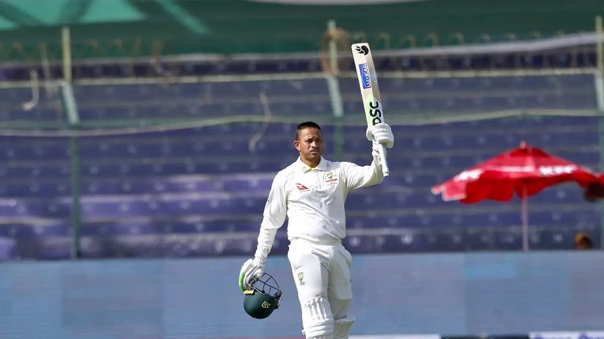 Usman Khawaja celebrates his century during 1st day of second Test between Pakistan and Australia.