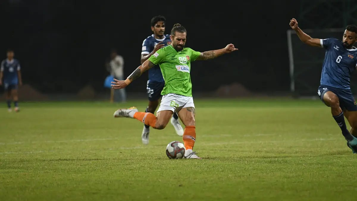 Gokulam Kerala's Luka Majcen in action against Kenkre FC in I-League 2021-22 on Saturday. 