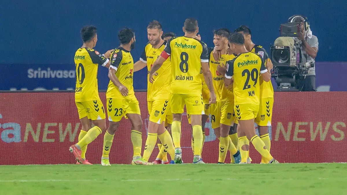 Hyderabad FC players celebrate after taking the lead against ATK Mohun Bagan in ISL game.