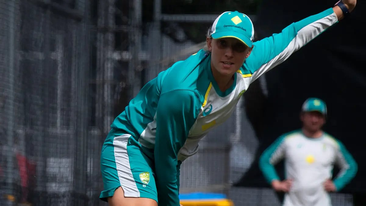 Ashleigh Gardner bowls at nets during Australia's training session on Saturday.