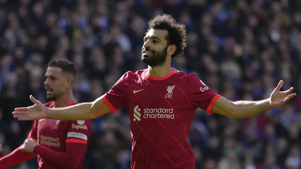 Liverpool's Mohamed Salah after scoring a goal against Brighton in English Premier League.