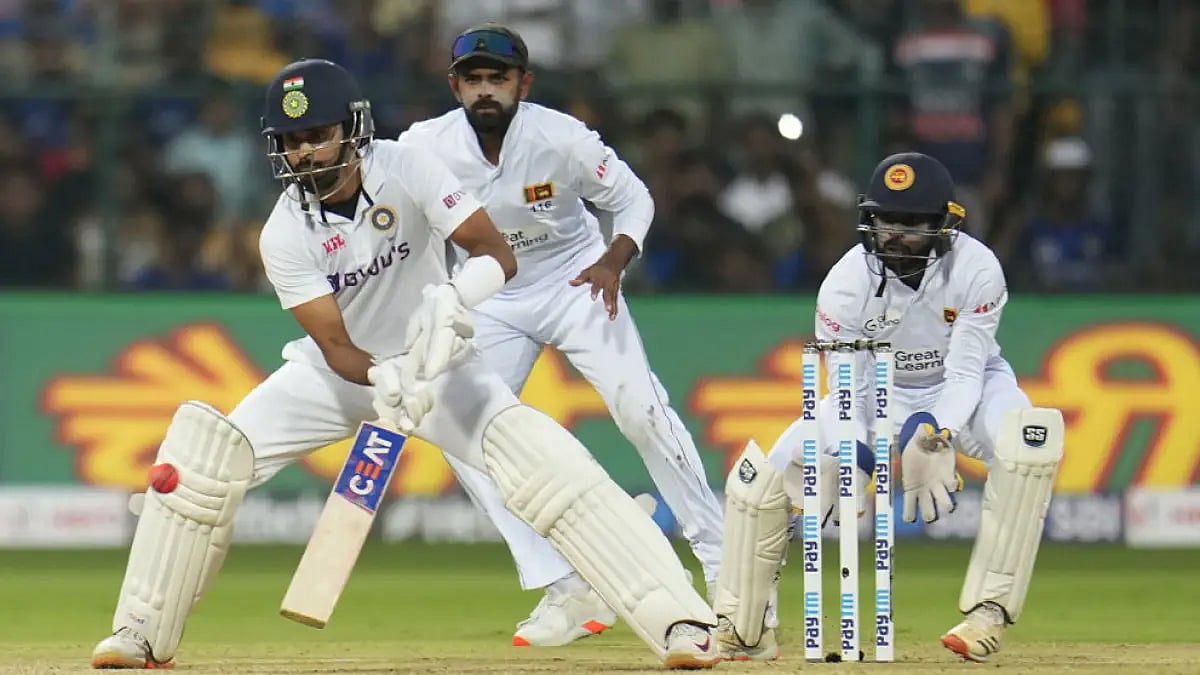 India's Shreyas Iyer plays a shot on Day1 of the 2nd Test against Sri Lanka in Bengaluru.