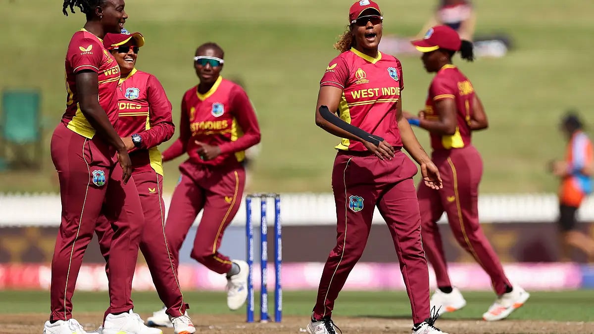 West Indies players celebrate the fall of Indian wicket on Saturday in ICC Women's World Cup 2022.