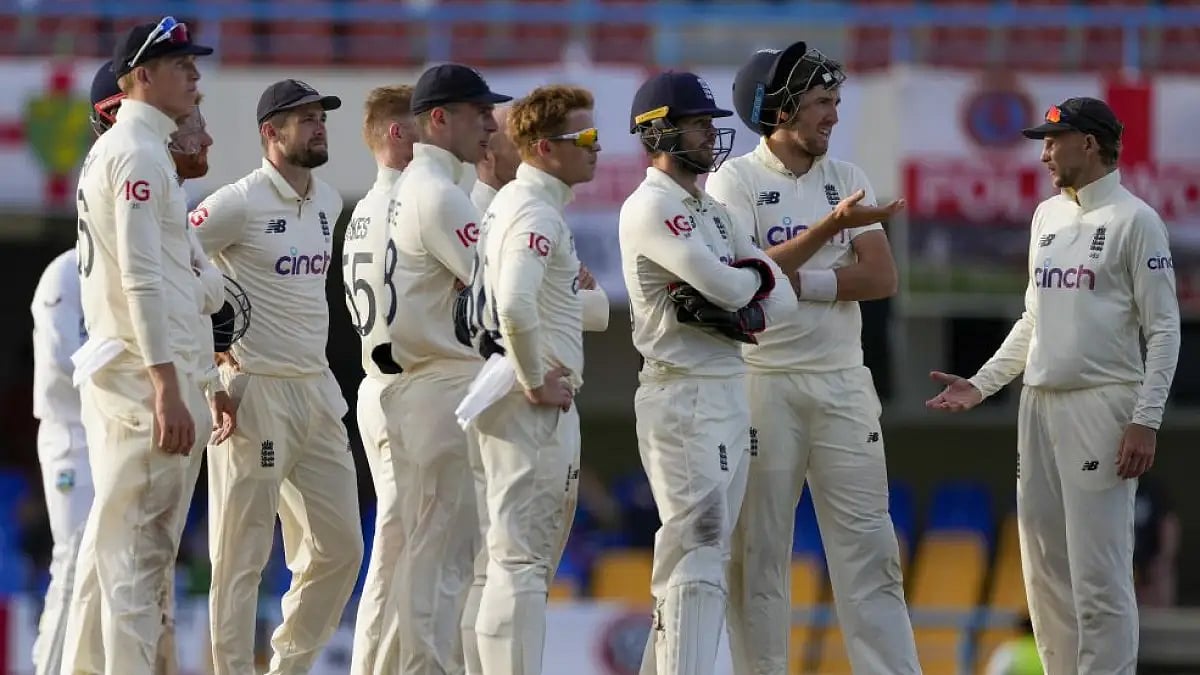 Players of England wait for a review decision during Day 5 of first Test match against West Indies.
