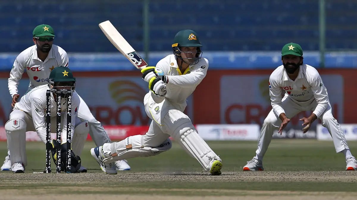 Australia's Alex Carey plays a shot on Day 2 of the second Test against Pakistan in Karachi.