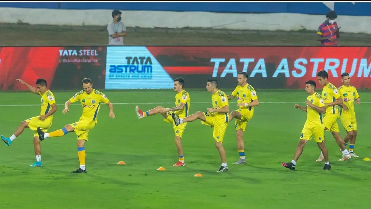 Kerala Blasters players during a training session ahead of ISL 2021-22 semifinal second leg.  