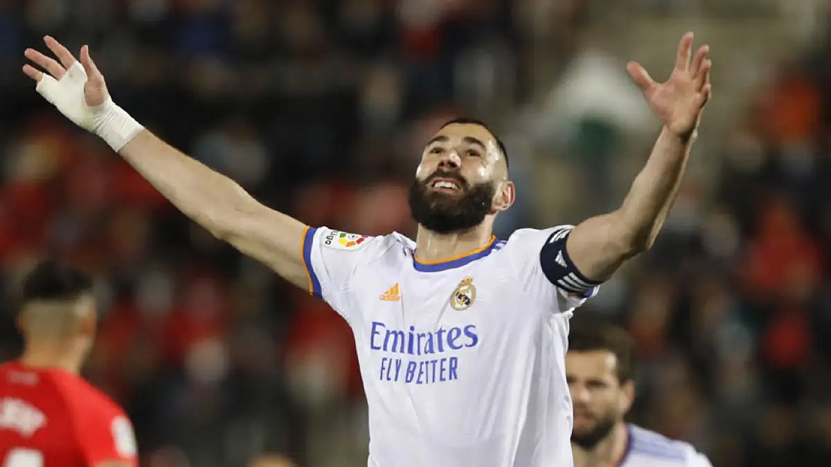 Real Madrid's Karim Benzema celebrates a goal against Mallorca during their La Liga match.