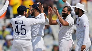 India players celebrate a fall of a wicket against Sri Lanka during their Test series.