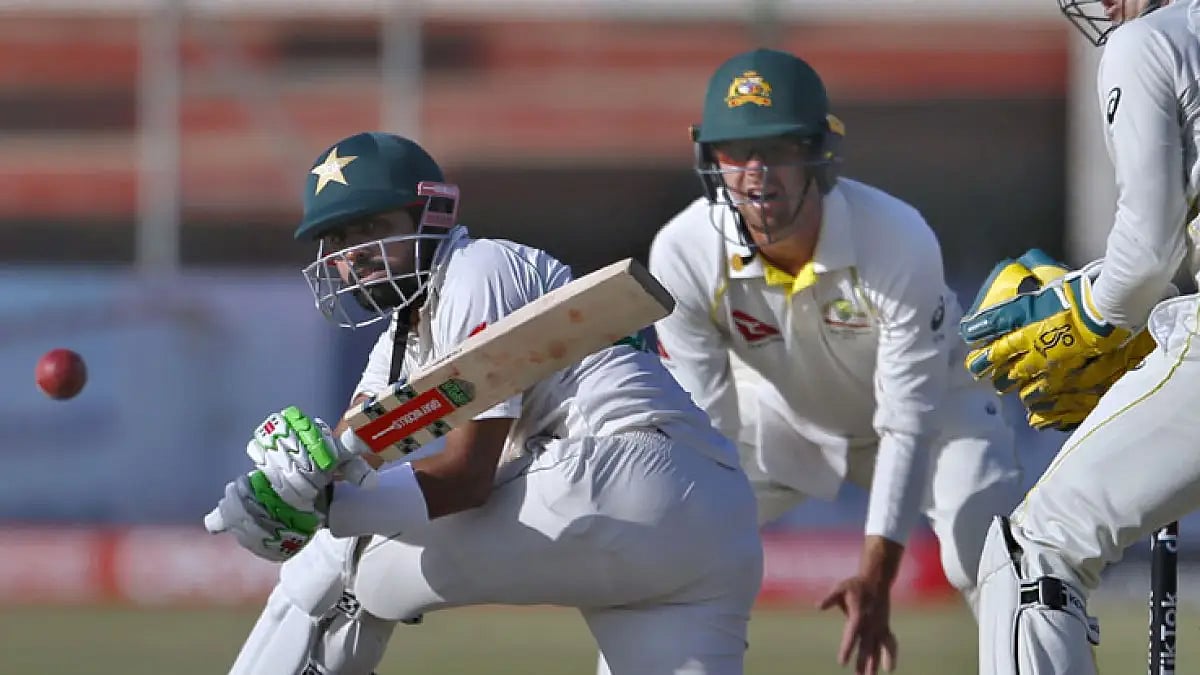 Babar Azam plays a shot during PAK vs AUS, 2nd Test in Karachi. Catch highlights.