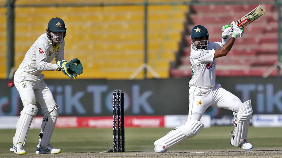 Pakistan captain Babar Azam plays a shot during their second Test against Australia in Karachi.