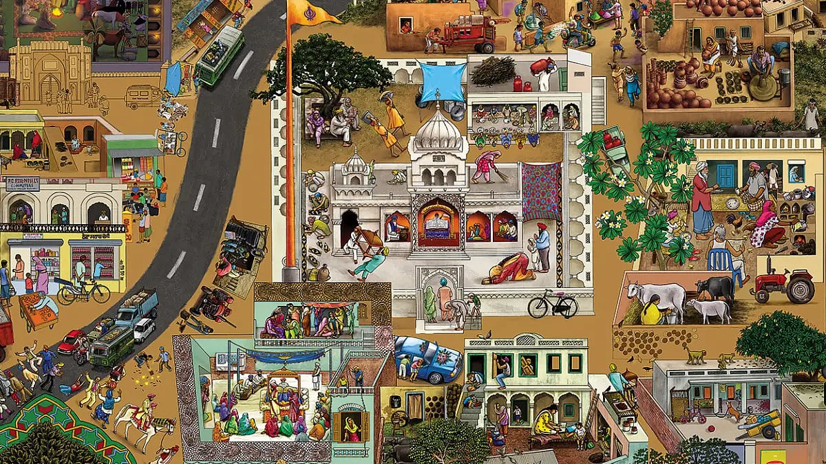 A place in Punjab (2011) by Orijit Sen, permanent mural at Virasat-e-Khalsa Museum, Anandpur Sahib