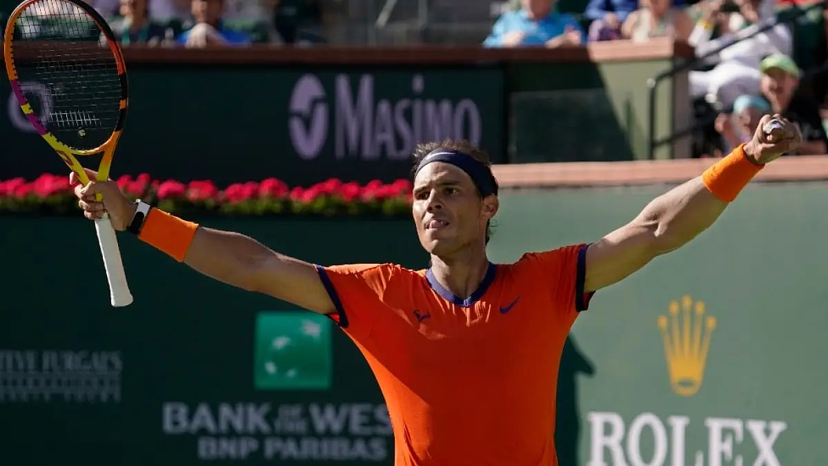 Rafael Nadal celebrates after defeating Reilly Opelka at the Indian Wells Masters 2022. 