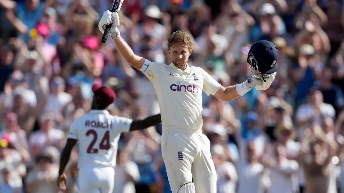 Joe Root celebrates his century against West Indies on Day 1 of 2nd Test in Barbados.