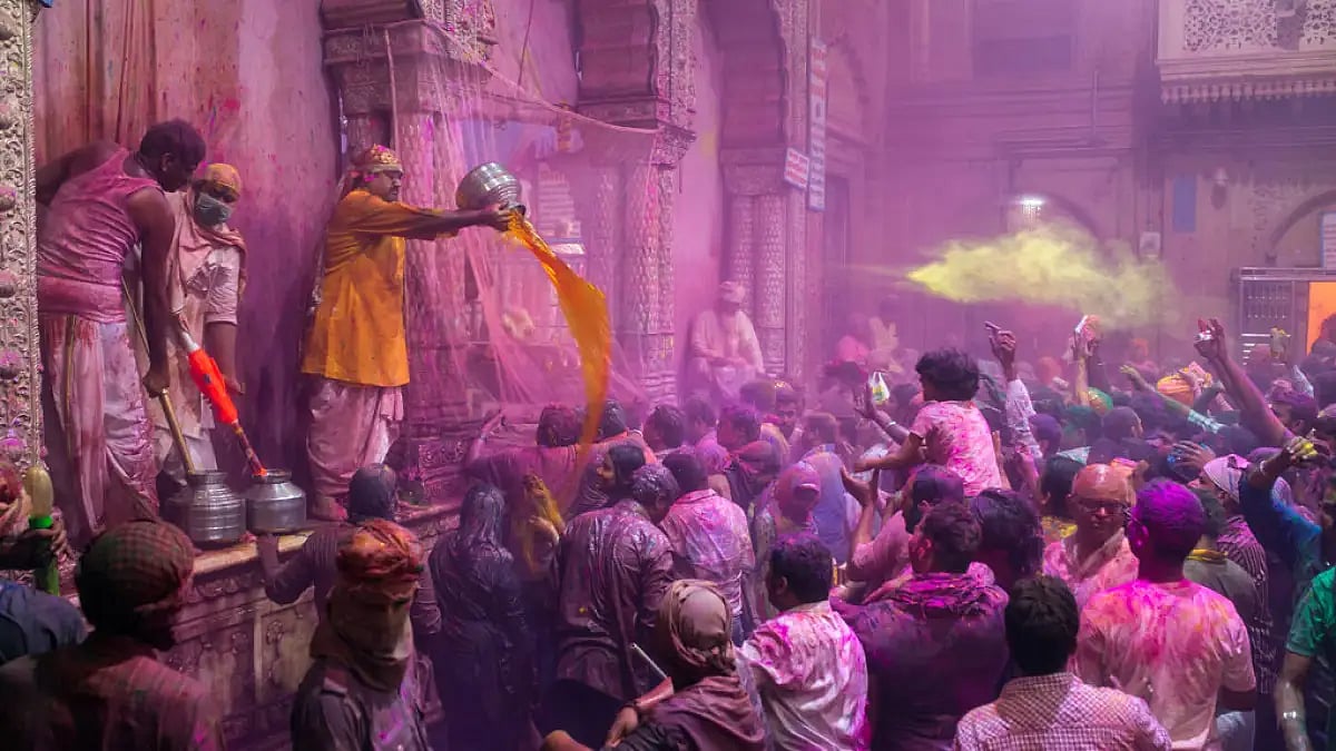 Holi celebration at the Banke Bihari Temple in Vrindavan
