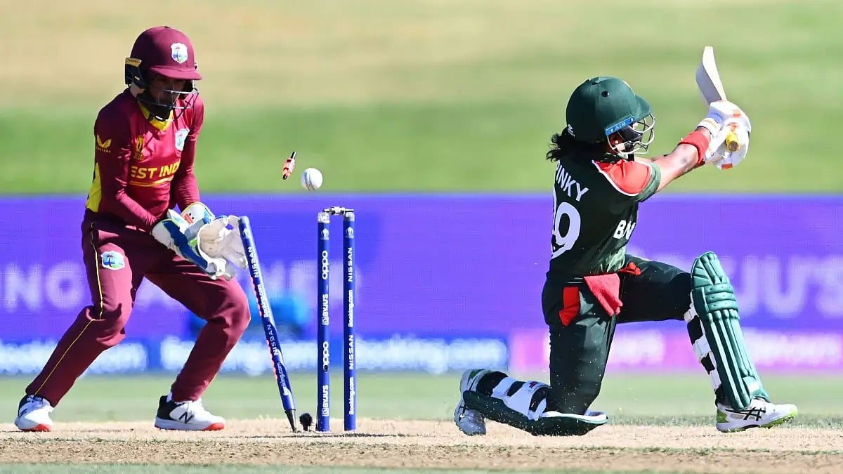Fargana Hoque is clean bowled by Afy Fletcher (not in pic) in their ICC Women's World Cup 2022 tie. 