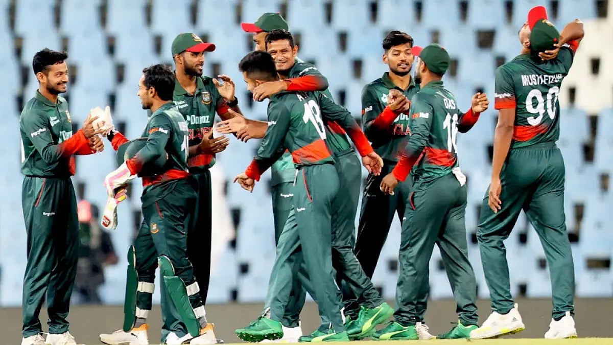 Bangladesh players celebrate after winning the first ODI against South Africa on Saturday.  