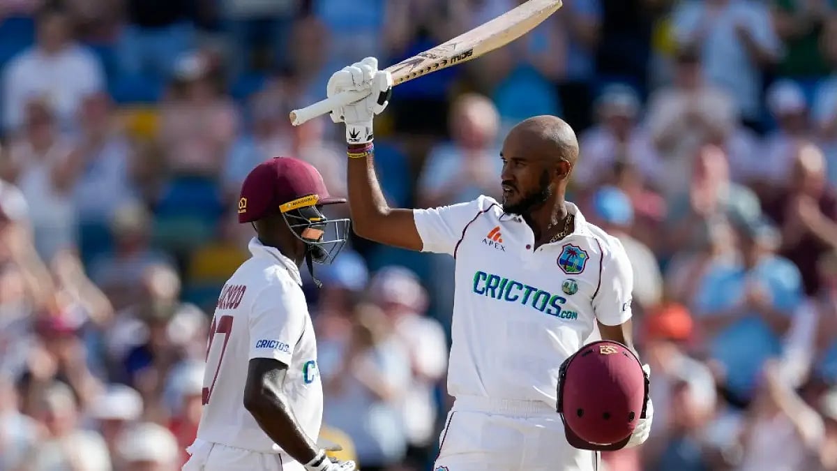 West Indies' captain Kraigg Brathwaite celebrates his century against England in 2nd Test.