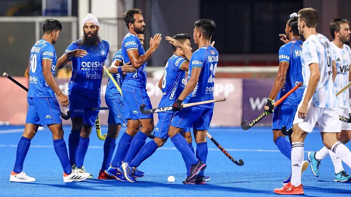 Indian players celebrate one of their two goals against Argentina in FIH Pro League 2021-22.  