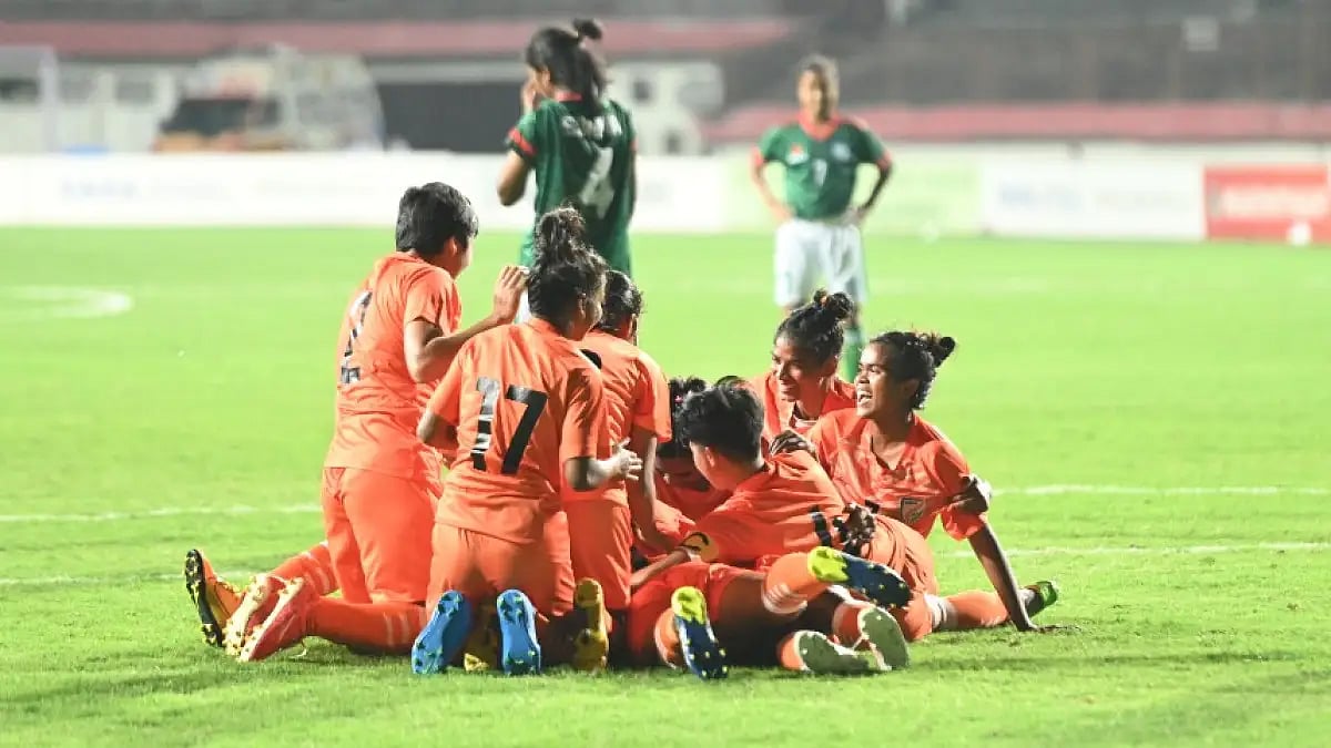 India players celebrate their goal against Bangladesh in SAFF U-18 Women's Championship 2022.