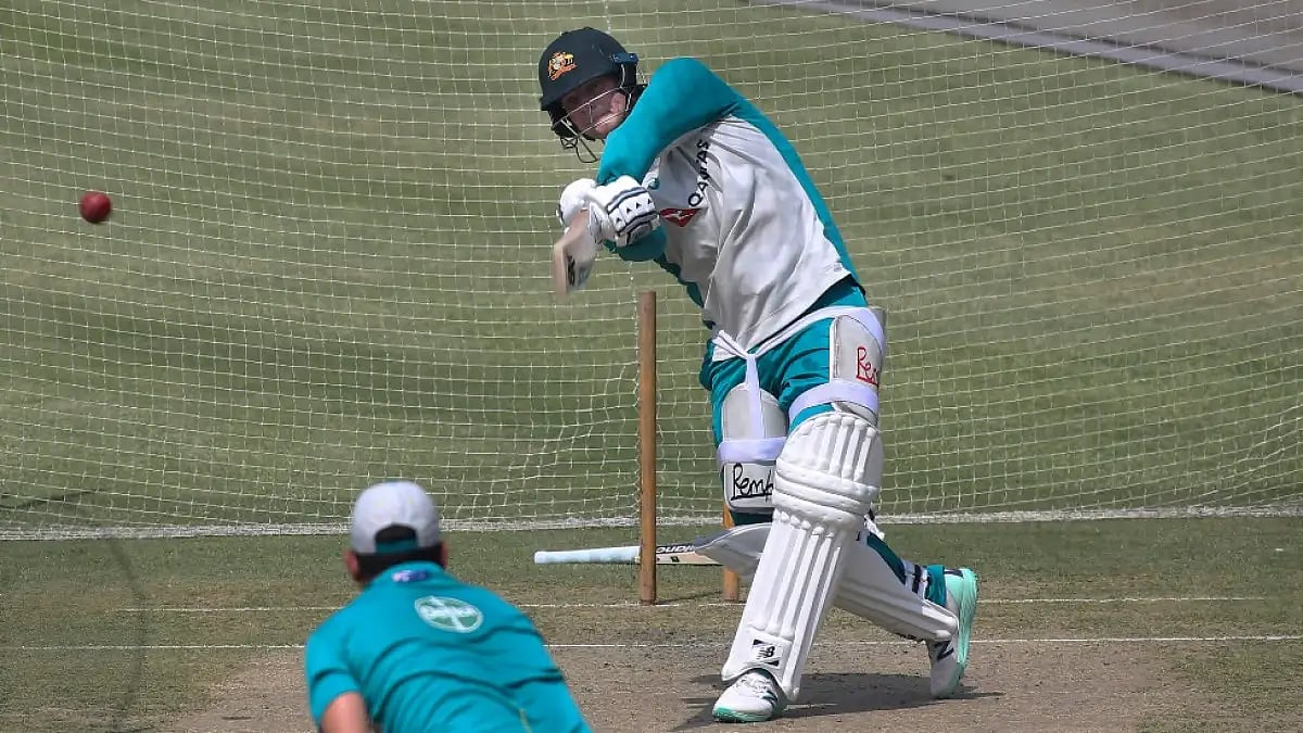 Steve Smith bats at the nets at the Gaddafi Stadium ahead of the third Test against Pakistan.