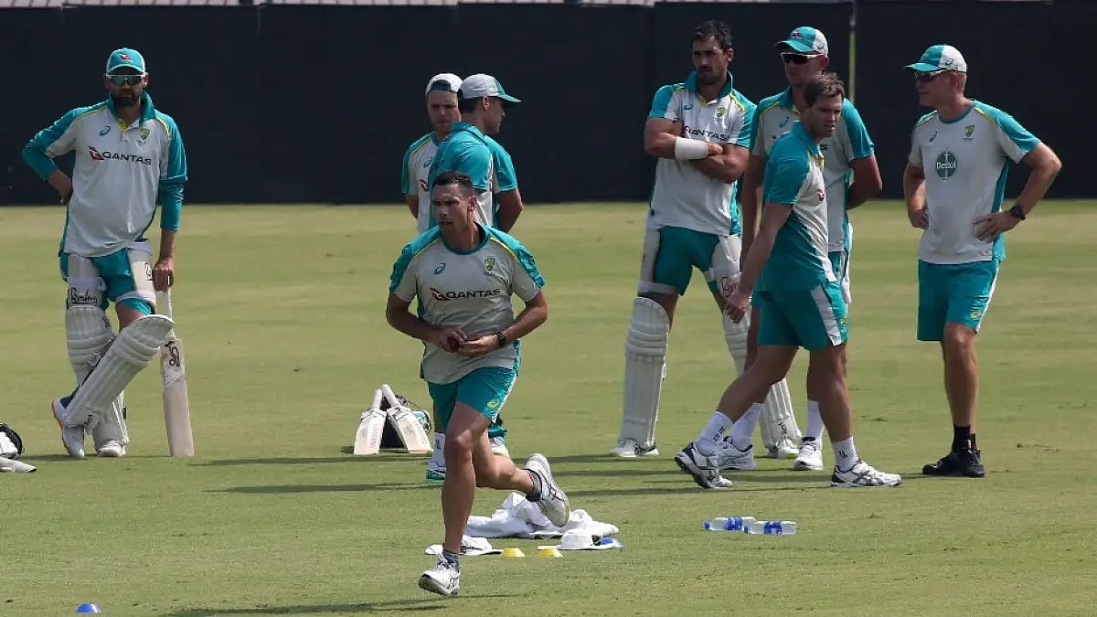 Australian players attend a practice session at the Gaddafi Stadium in Lahore ahead of the 3rd Test.