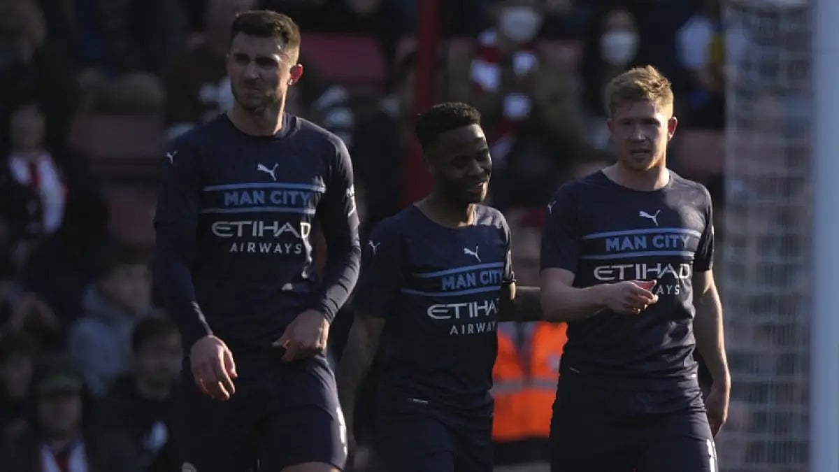 Manchester City players celebrate a goal against Southampton during their FA Cup match.