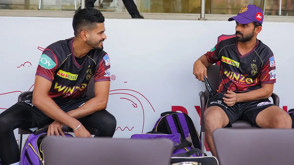 KKR captain Shreyas Iyer (L) and Ajinkya Rahane chat in between a training sessions in Mumbai.