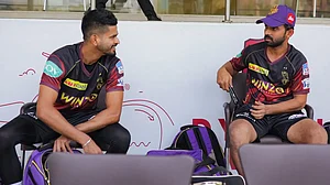KKR captain Shreyas Iyer (L) and Ajinkya Rahane chat in between a training sessions in Mumbai.