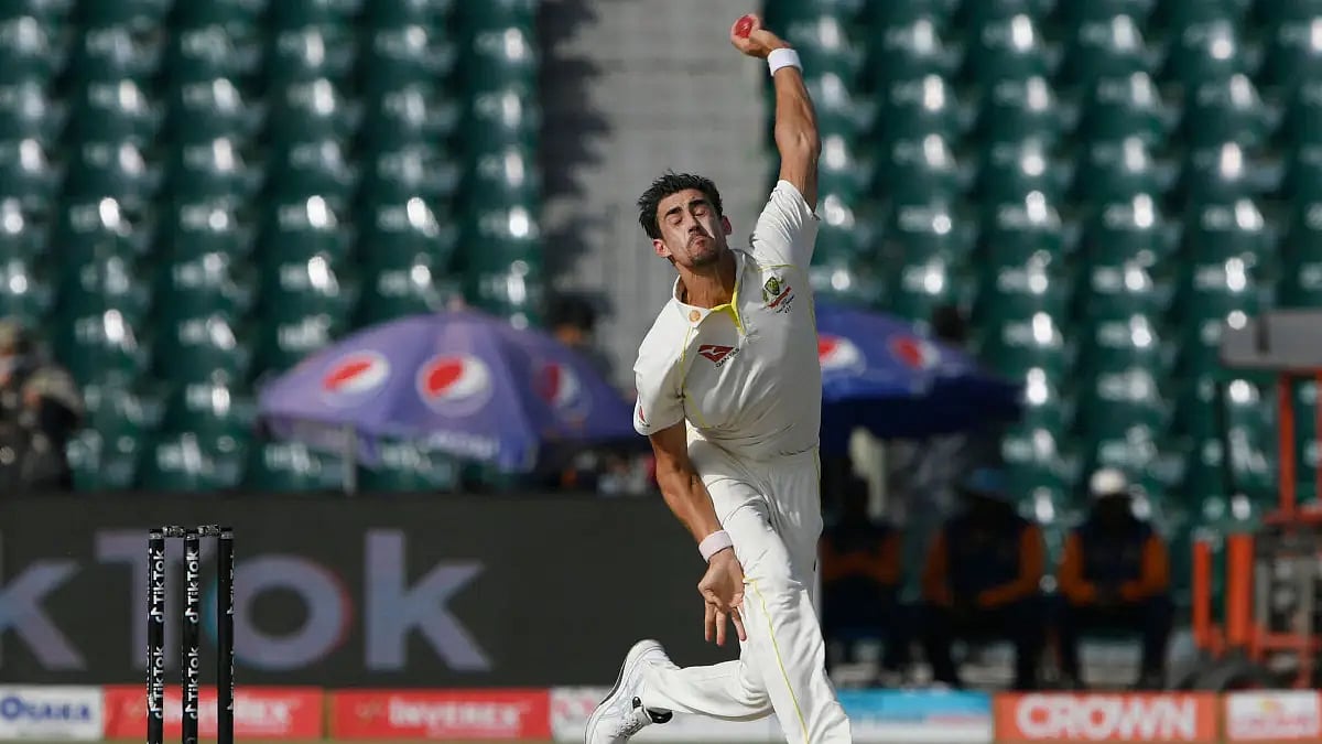 Mitchell Starc bowls during the 3rd Test against Pakistan in Lahore. 