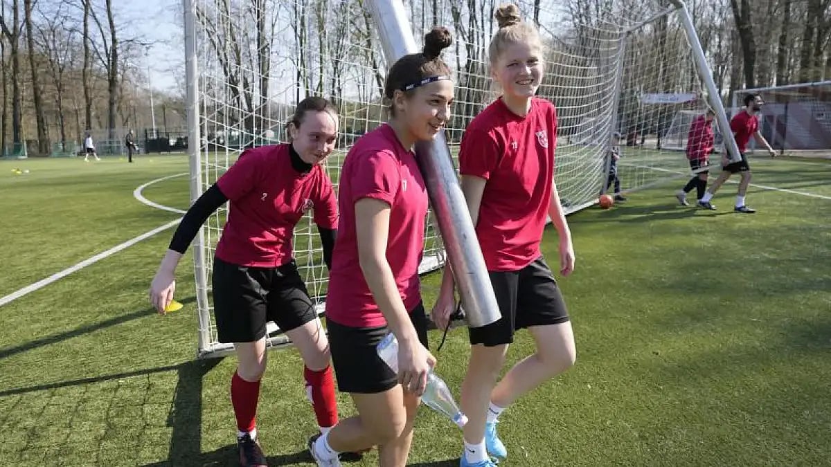 Players of Ukrainian women’s football club Kryvbas at the training ground of FC Cologne.
