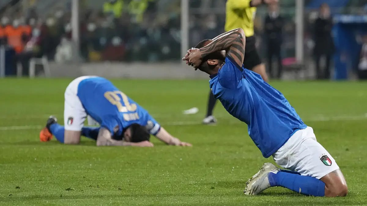 Italy players react during their World Cup qualifying play-off against North Macedonia.