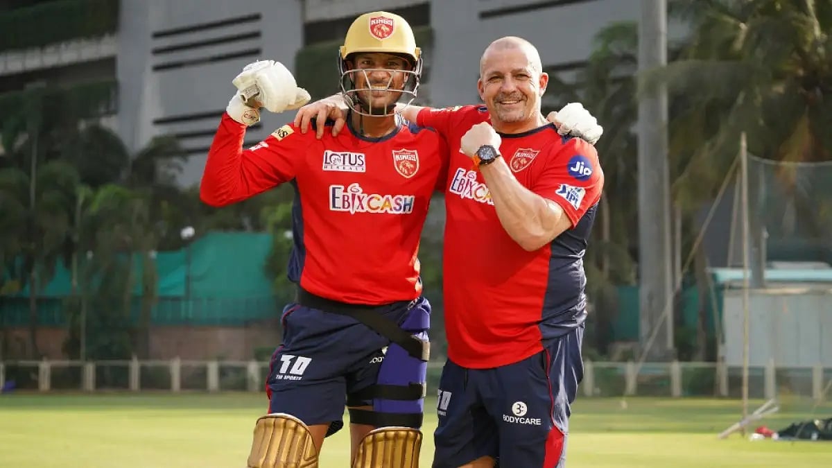 Punjab Kings captain Mayank Agarwal along with batting consultant Julian Wood during the training.  