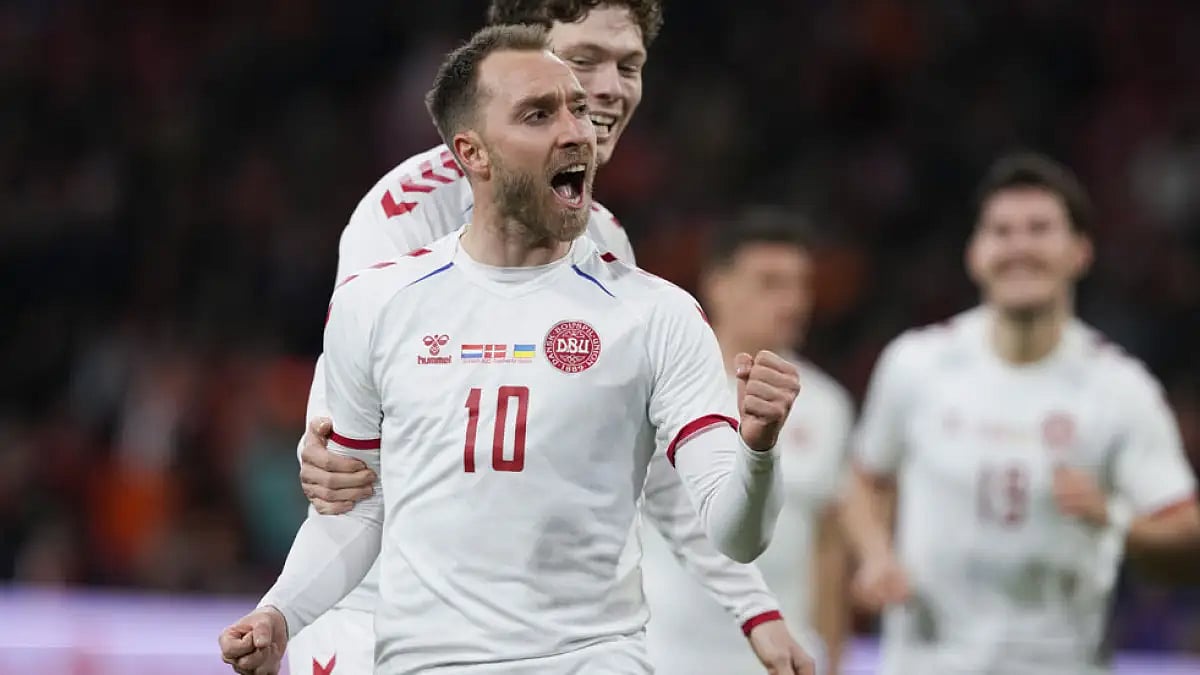 Denmark's Christian Eriksen celebrates a goal against the Netherlands in Amsterdam