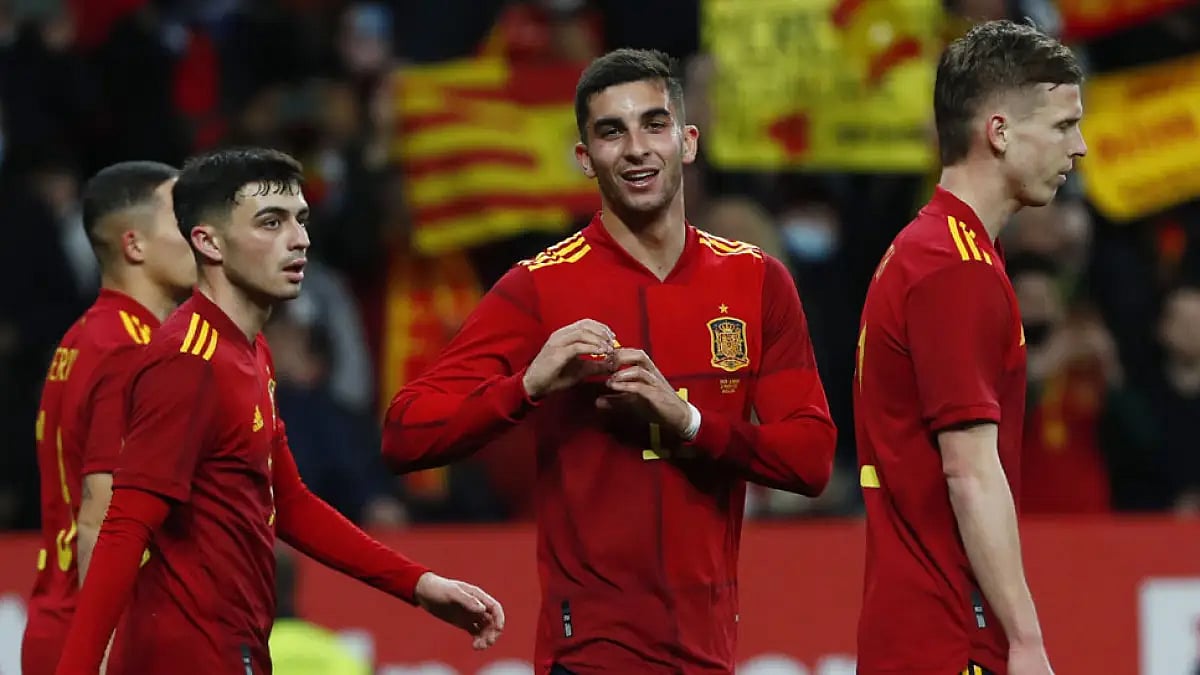 Spain's Ferran Torres, centre, celebrates a goal against Albania at the RCDE Stadium in Barcelona.
