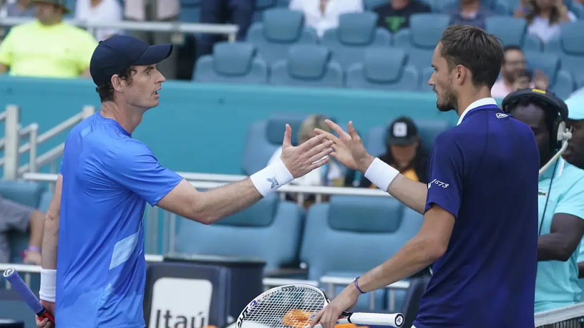 Andy Murray, left, and Daniil Medvedev after the end of their match in Miami Open.