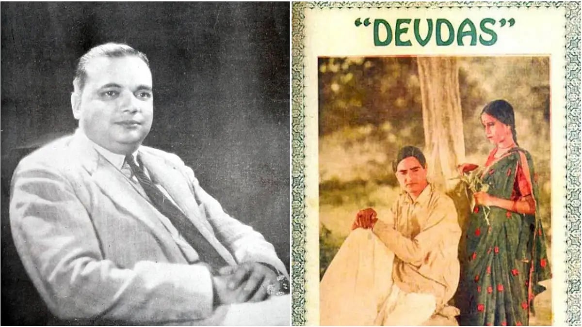 BN Sarkar (left), a poster of Devdas by 'New Theatres'