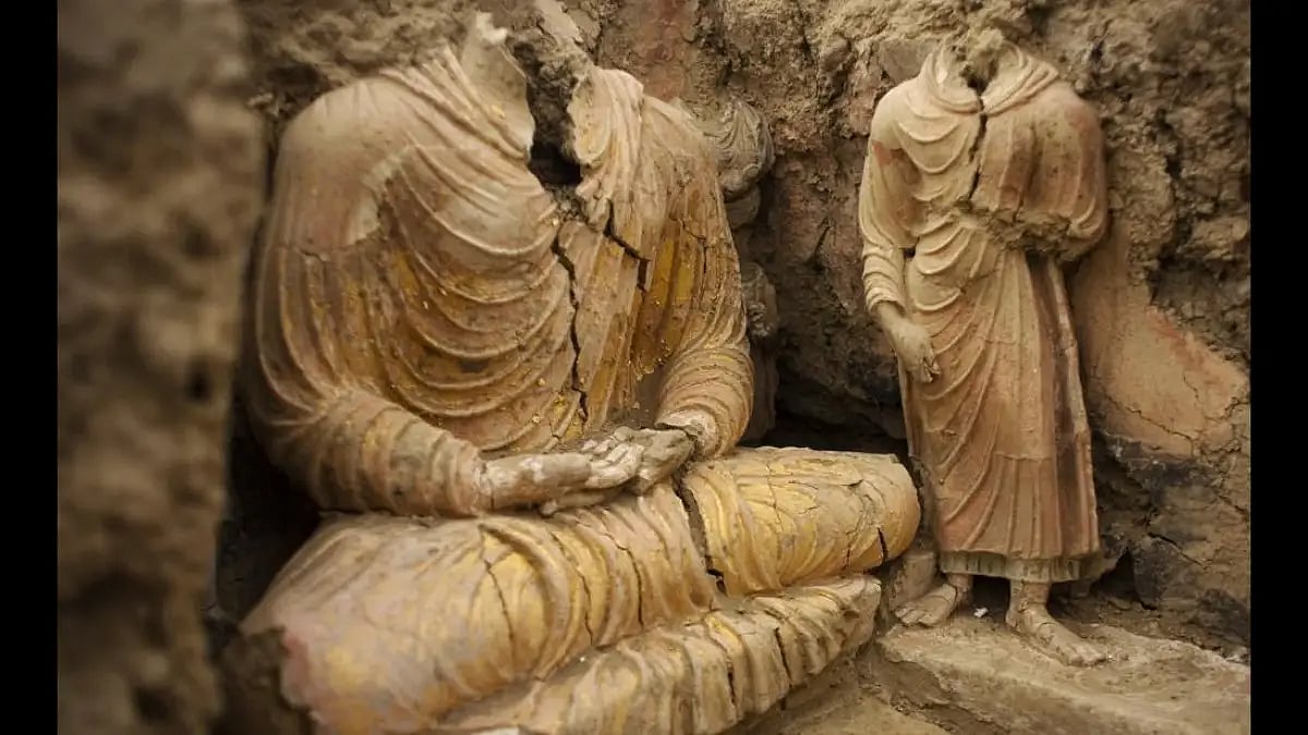 In Mes Aynak valley, south of Kabul, Afghanistan, Buddha statues are seen inside an ancient temple.