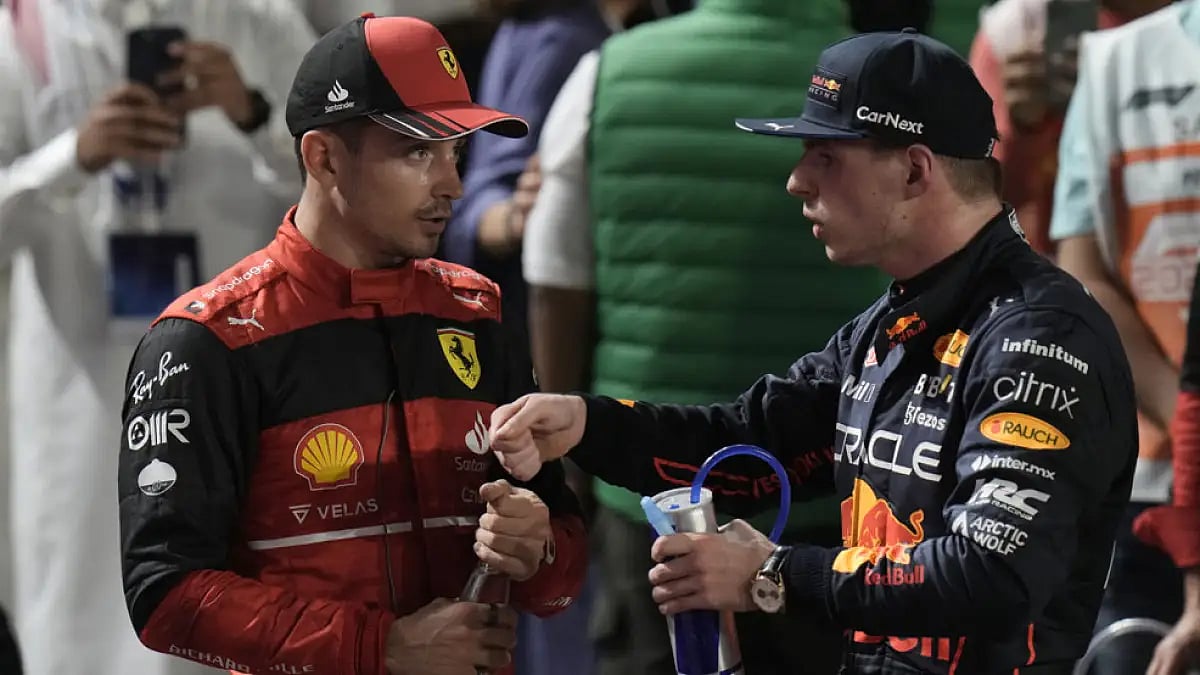 Charles Leclerc, left, speaks to Max Verstappen after the Saudi Arabian Grand Prix.